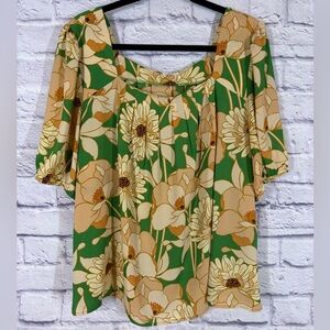 DR2 Daniel Rainn Green Floral Square Neck Short Sleeve Blouse Top Size XXL